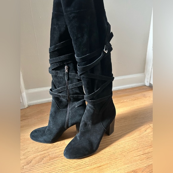Sam Edelman - LIKE NEW - kayla black suede wrap buckle knee high heeled boots - Picture 2 of 9